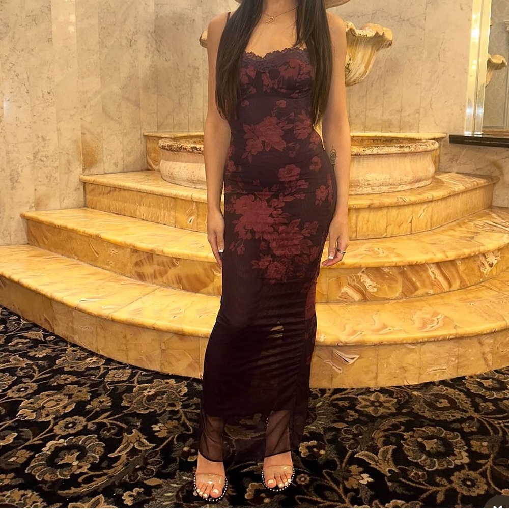 House of CB Burgundy Floral Maxi Dress